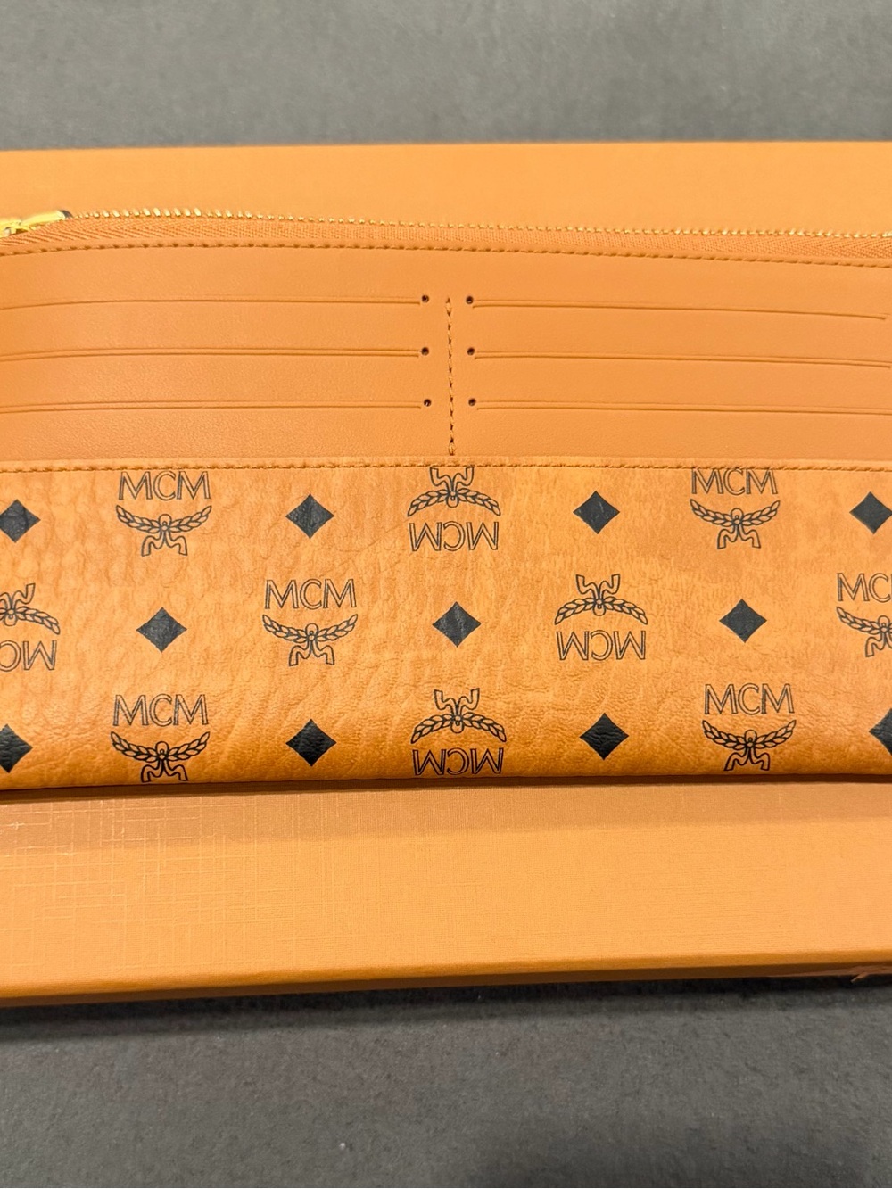 MCM Cognac Tan Visetos Logo Zip Pouch with Gold Plate - Picture 2 of 6
